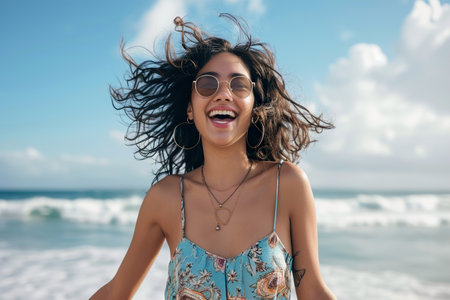 excited stylish latin hispanic woman standing at beachの素材