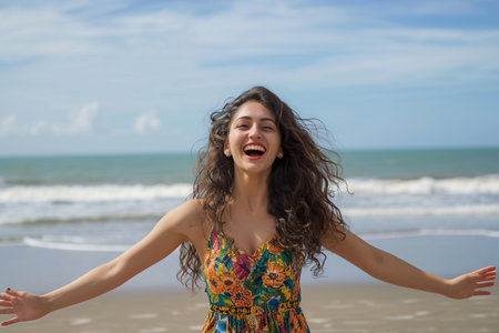 excited stylish latin hispanic woman standing at beachの素材