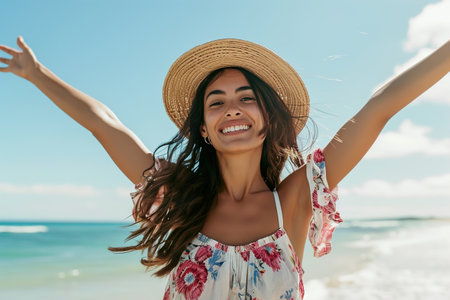 excited stylish latin hispanic woman standing at beachの素材