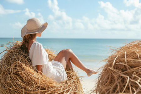 Traveler woman relaxing on nests on the beachの素材
