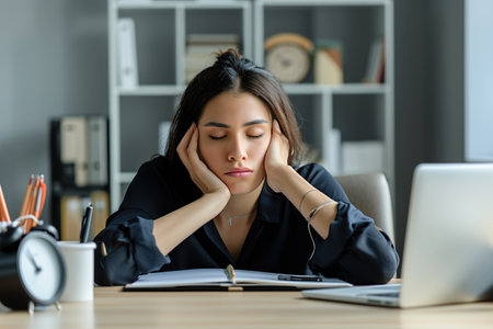 tired woman employee sleeping on the office tableの素材