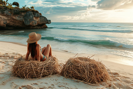 Traveler woman relaxing on nests on the beachの素材