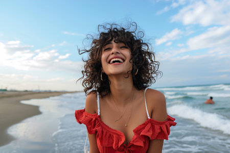 excited stylish latin hispanic woman standing at beachの素材