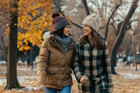 young woman and grandmother walking at the park in the winterの素材