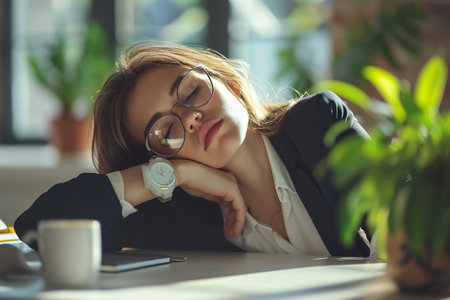 tired woman employee sleeping on the office tableの素材