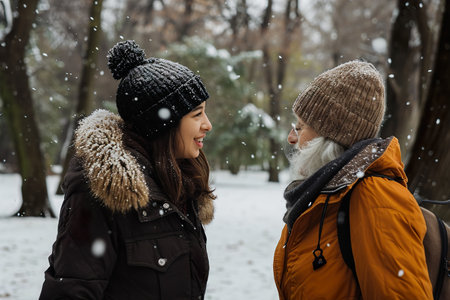 young woman and grandmother walking at the park in the winterの素材