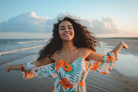 excited stylish latin hispanic woman standing at beachの素材