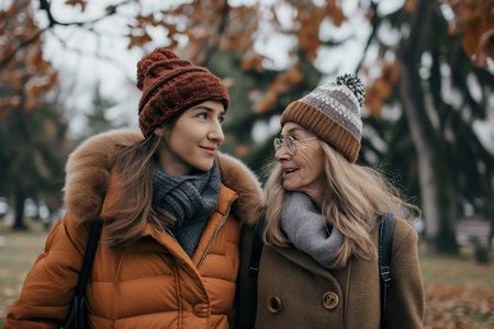 young woman and grandmother walking at the park in the winterの素材