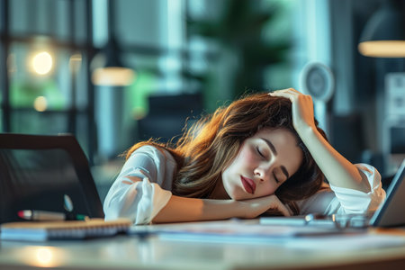 tired woman employee sleeping on the office tableの素材