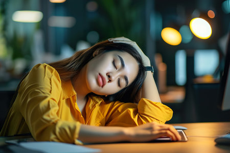 tired woman employee sleeping on the office tableの素材