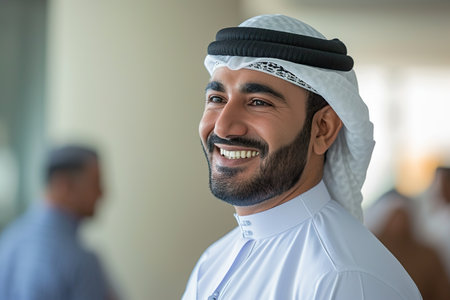 smiling emirati arab at office wearing kanduraの素材