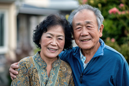 Asian senior couple smiling at the cameraの素材