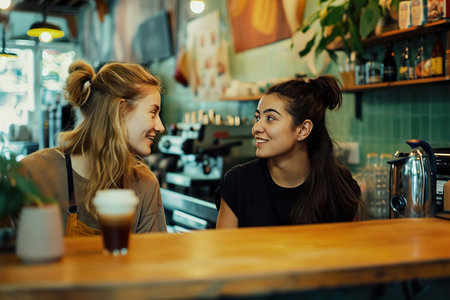 Two female friends talking at a coffee shopの素材
