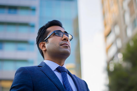 Confident rich eastern indian business man executive standing in modern big city looking and dreaming of future business successの素材