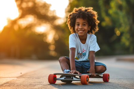 Afro Latin boy sitting on a longboardの素材