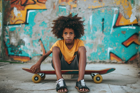 Afro Latin boy sitting on a longboardの素材