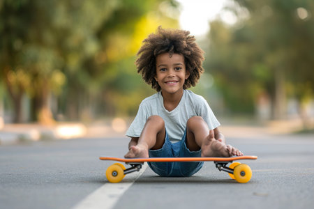 Afro Latin boy sitting on a longboardの素材