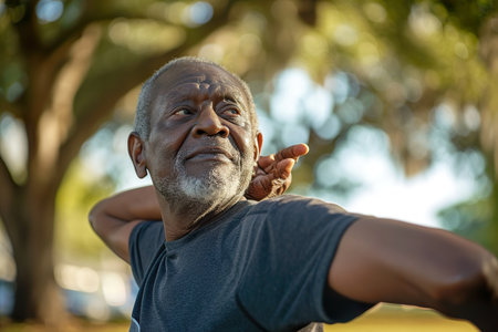 Senior black man stretching outdoor at parkの素材