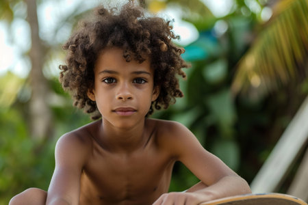 Afro Latin boy sitting on a longboardの素材