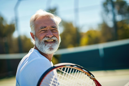Happy caucasian senior with tennis racket at tennis court on sunny dayの素材