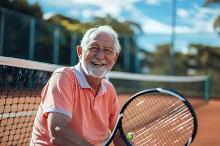 Happy caucasian senior with tennis racket at tennis court on sunny dayの素材