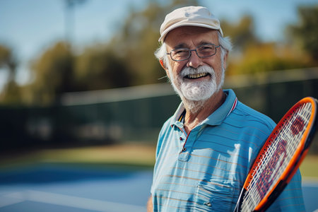 Happy caucasian senior with tennis racket at tennis court on sunny dayの素材