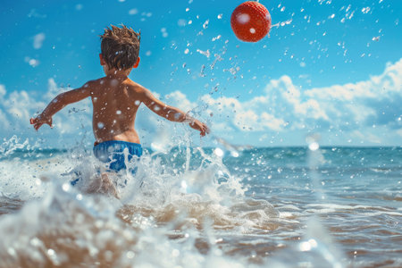 Kid playing with ball in the sea on summer vacationの素材