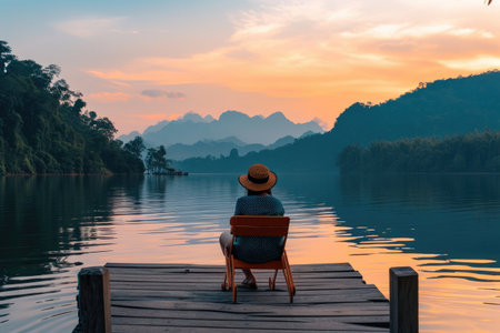 woman enjoy sit calm day dream on cozy chair at river pier, Wide view of mountains with cloud dawn dusk skyの素材