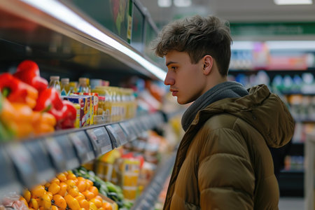 Young man buying groceries at the supermarketの素材