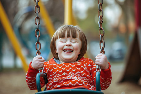 Happy child with down syndrome enjoying swing on playgroundの素材