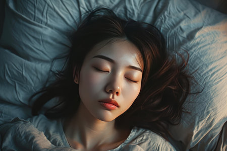 sleeping young asian woman lies in bed with eyes closedの素材