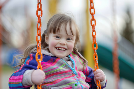 Happy child with down syndrome enjoying swing on playgroundの素材