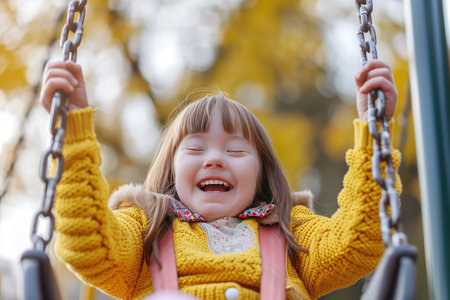 Happy child with down syndrome enjoying swing on playgroundの素材