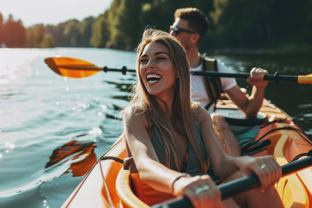 Photo for Beautiful young couple kayaking on lake together and smiling - Royalty Free Image