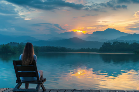 woman enjoy sit calm day dream on cozy chair at river pier, Wide view of mountains with cloud dawn dusk skyの素材