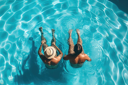 couple in the blue clear swimming pool together enjoying the summer holidayの素材