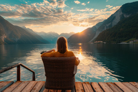 woman enjoy sit calm day dream on cozy chair at river pier, Wide view of mountains with cloud dawn dusk skyの素材