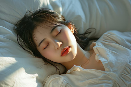 sleeping young asian woman lies in bed with eyes closedの素材