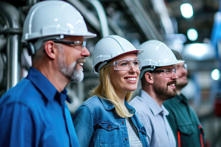 Happy mature engineer and colleagues working in factoryの素材