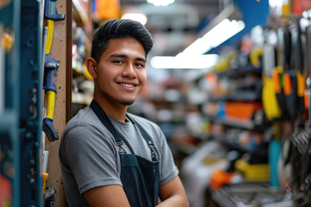 Young latin man working in hardware storeの素材