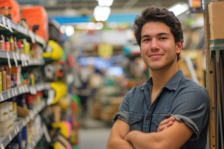 Young latin man working in hardware storeの素材