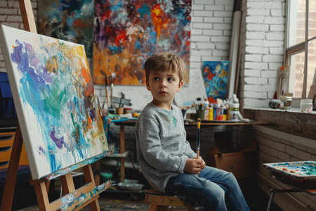 Little boy painting on canvas in studioの素材