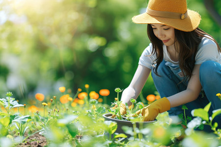 young woman plant and gardening in a parkの素材