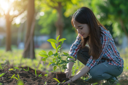 young woman plant and gardening in a parkの素材