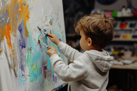 Little boy painting on canvas in studioの素材