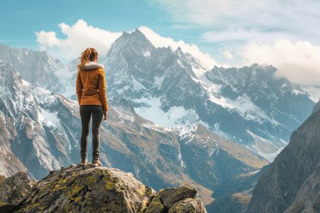 Active woman enjoys the beautiful scenery of the majestic mountainsの素材