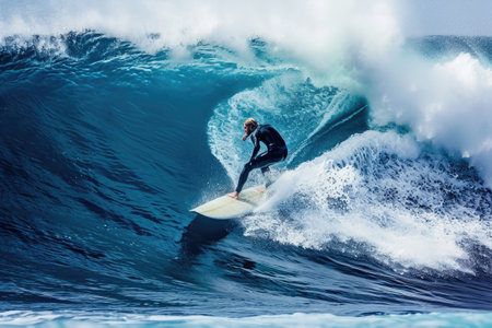 professional surfer riding waves in actionの素材