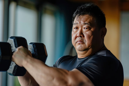Fat middle aged asian man dumbbell exercisingの素材