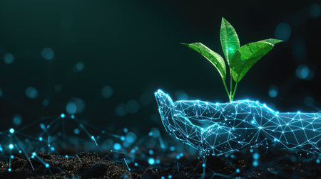 giving hand with young plant in soil geometry low poly style backgroundの素材