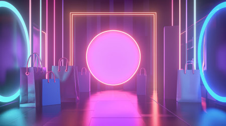 3D shopping products and neon lights abstract backgroundの素材